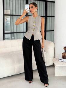 Lavishia 法式风格女士无袖背心，通勤装，金属大纽扣衬衫，夏季波西米亚机场风 - 灰色 - 查看 5