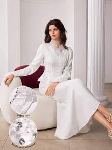 Modelyn 女士白色水钻褶裥长袖上衣和鱼尾裙两件套优雅宴会礼服 - 白色 - 查看 6