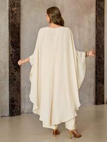 Roveilla Spring/Summer New Women's Chiffon Flowy Shawl Collar Long Shirt With Front Short Back Long Design, Elegant Casual 2-Piece Set With Front Drawstring Pants - Apricot - View 2