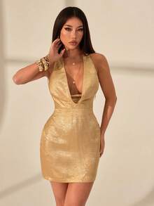 SHEIN PETITE 秋冬季纯金纹理深V露背迷你优雅连衣裙，金色连衣裙，性感秋季连衣裙，适合夜店派对、外出等场合，秋季女装，复古富贵，女士派对连衣裙 - 金色 - 查看 7