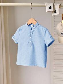 SHEIN Áo sơ mi tay ngắn cổ đứng trơn dáng rộng thoải mái LMoss Kids dành cho bé trai (1 chiếc) - Màu xanh nhạt - Xem 3