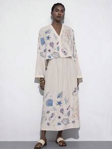 Aveloria Modichic 女士V领海星贝壳印花长袖上衣和裙子套装，适合海滩度假、春夏休闲、聚会和轻松外出。 - 彩色 - 查看 6