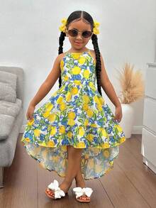 SHEIN Kleine Mädchen Kleid mit Zitronen-Muster und Rüschenärmeln, Sommerurlaub, Mutter-Tochter & Schwestern Partnerlook, Familienurlaub, Feiertage, Strandurlaub, Minimalistische ärmellose Kleid mit Blume Muster und Trägerkragen, Minimalistische ärmellose Kleid mit Blume Muster und Trägerkragen - Gelb - Übersicht 2