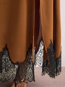 Freevana Váy xẻ cao phối ren tương phản màu sắc thời trang mùa hè cỡ lớn - Cà phê nâu - Xem 2