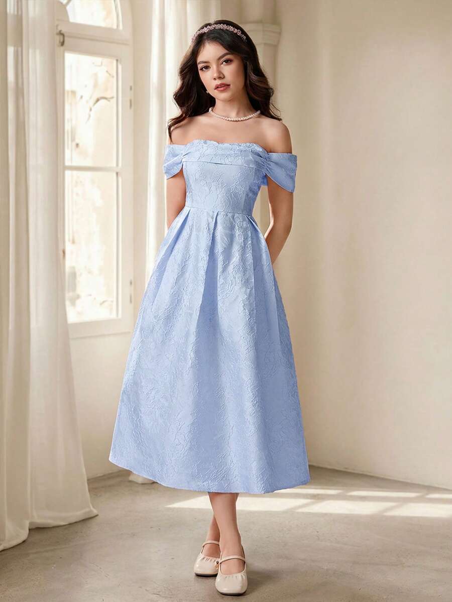 SHEIN Pitira 浅蓝色少女提花露肩优雅连衣裙 - 淺藍色 - 查看 1