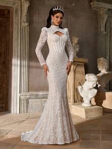 Aureia Elegant Lace Mermaid Wedding Dress With Stand Collar, Ruffled Hem, Sheer Lace Details, And Long Train - White - View 4