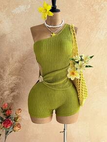 Soleia 女士镂空腰部左侧贝壳金属贴花纹理面料修身迷你连体裤，适合假日、约会、下午茶、度假、音乐节、波西米亚风、休闲度假、钩针编织、亚麻等场合。 - 綠色 - 查看 6