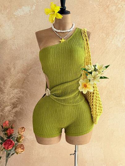 Soleia 女士镂空腰部左侧贝壳金属贴花纹理面料修身迷你连体裤，适合假日、约会、下午茶、度假、音乐节、波西米亚风、休闲度假、钩针编织、亚麻等场合。