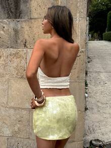 Aloruh Áo tank top nữ dệt kim, ôm sát, cổ yếm kim loại, màu trơn - Màu be - Xem 6