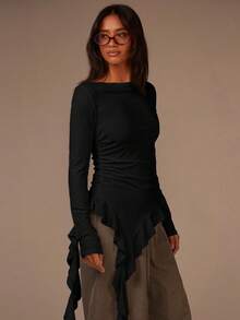 Athîral 女士时尚纯色荷叶边不对称下摆衬衫，适合日常穿着，女士秋季服装，女士秋季穿搭，女士秋季服装，休闲舒适，长袖，独特时尚的单品，非常适合秋季外出。 - 黑色 - 查看 1