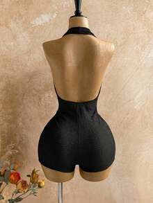 Soleia 新款深棕色深V领金属装饰迷你连体裤，适合度假、万圣节、新年、音乐节、派对、返校季等场合。 - 黑色 - 查看 2