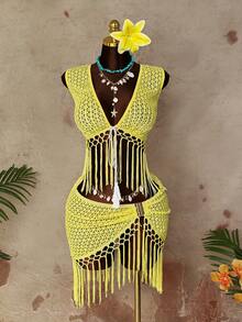 Sunspun Elegant Hollow-Out Fringed Sexy Crop Top & Skirt Set, Suitable For Beach Vacation - Yellow - View 1
