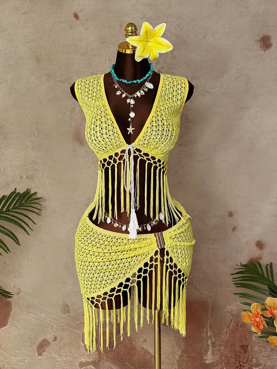 Sunspun Elegant Hollow-Out Fringed Sexy Crop Top & Skirt Set, Suitable For Beach Vacation - Yellow - View 1