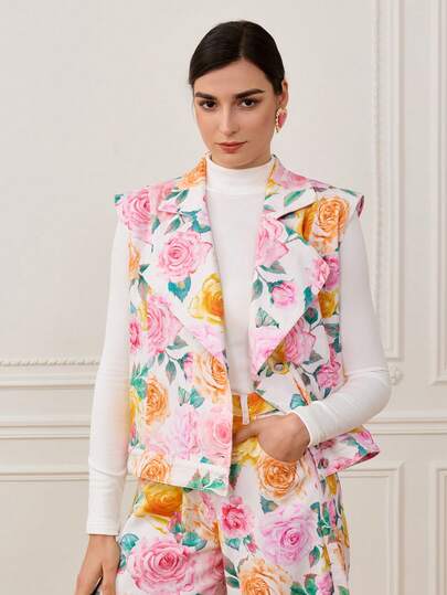 LOTSLUV Women's Spring/Summer White Denim, Colorful Watercolor Rose Print, Lapel Sleeveless Loose Short Denim Jacket