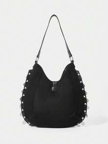 SHECARRY Casual Shoulder Bag With Metal Tassel Trim - Black - View 4