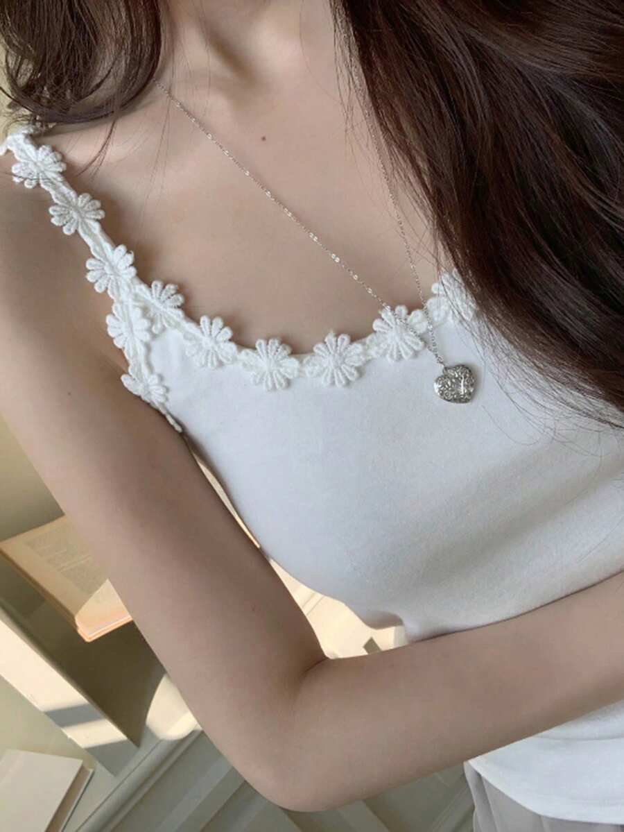 DAZY 夏季女士甜美撞色蕾丝吊带背心 - 白色 - 查看 1