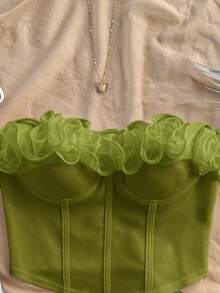 Soleia Blusa ajustada con volantes sin tirantes, romántica y sexy, adecuada para vacaciones, fiestas, citas, San Valentín, tarde de té - Verde - Ver 8