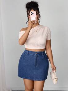 SHEIN Elenzya Minifalda de mezclilla sexy de cintura alta con bolsillos para mujer de talla grande - Azul - Ver 3