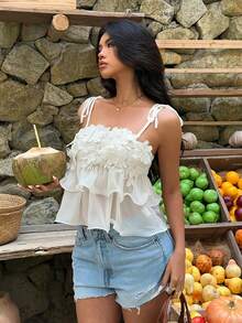 Aloruh 女士优雅3D立体花卉装饰雪纺上衣，纯杏色 - 杏色 - 查看 7