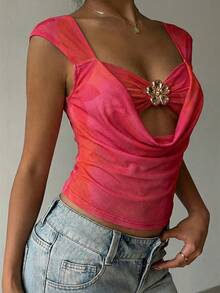 Aloruh 优雅性感度假风短袖露脐上衣，饰有金属3D立体花卉装饰，深V领口网纱透视橙色印花衬衫，沙滩度假装 - 橘色 - 查看 7