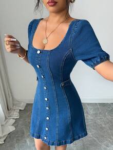 Elenzga Women's Square Neck Short Sleeve Single-Breasted Casual Denim Dress - Blue - View 4