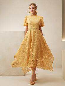 Anewsta Spring And Summer New Openwork Water-Soluble Lace Embroidered Slim Waist Stand Collar Puff Sleeve Asymmetrical Hem Elegant Mid-Length Dress - Pale Yellow - View 4