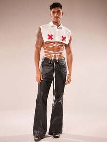 FeverCity Men's Cross Pattern Single-Breasted Strap Design Cropped Shirt - White - View 6