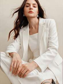 Anewsta 女士西装套装，复古风格纯色西装外套+直筒裤，2件套 - 白色 - 查看 5