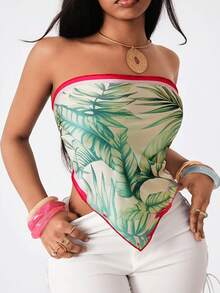 Coolane Conjunto de ropa de mujer para primavera/verano, elegante y de vacaciones, para uso diario, con top tubo de satén, estampado floral y con brillo elástico - Verde - Ver 5