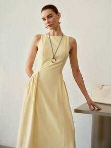 MOTF PREMIUM SOLID SLEEVELESS SLANT POCKET DRESS - Yellow - View 6