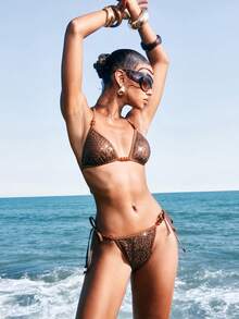 LYSMO Women's Summer Vacation Beach Sequin Halter Bikini Set - Brown - View 5