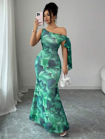 Xyvia Vestido de sirena ajustado con cuello asimétrico, lazo de cinta larga y estampado aleatorio para mujer en verano sin mangas