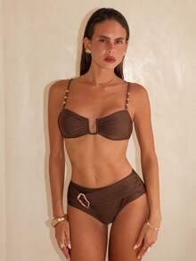 Swim Chiccia Bộ bikini nữ màu trơn, dây mảnh, xếp ly, đính hạt cườm và điểm nhấn kim loại, thích hợp cho mùa xuân/hè. - màu nâu - Xem 5