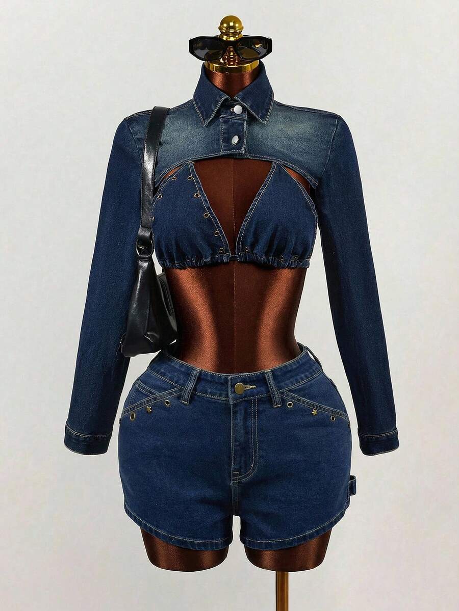 Mistrie Women's Casual Fashion Versatile Denim Shorts With Eyelet Design - Blue - View 1