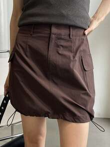 DAZY Women's Solid Color Utility Pocket Casual Short Skirt - Coffee Brown - View 5