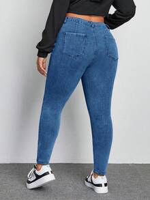 SHEIN ICON Plus Size Women Pockets Button Casual Versatile Daily Wear Denim Jeans Brown Spring - Medium Wash - View 2