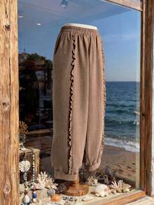 EMERY ROSE 大码休闲纯色荷叶边裤 - 駝色 - 查看 4