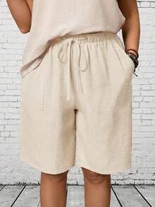 EMERY ROSE Plus Size Casual Solid Color Drawstring Waist Shorts, Summer Summer Outfits Summer Clothes  Spring  Spring Outfit Women Spring Clothes Country Style For Women Beach Shorts - White - View 1