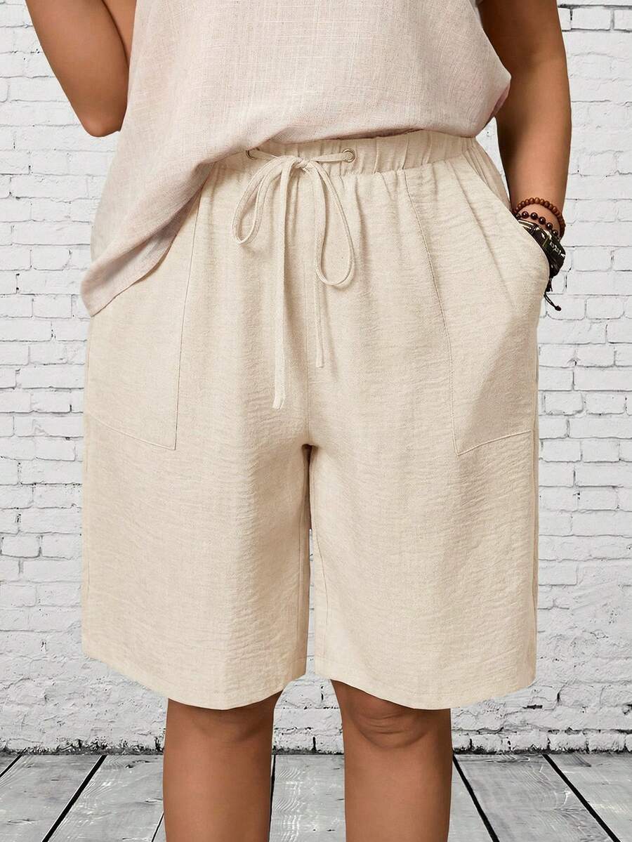 EMERY ROSE Plus Size Casual Solid Color Drawstring Waist Shorts, Summer Summer Outfits Summer Clothes Spring Spring Outfit Women Spring Clothes Country Style For Women Beach Shorts - White - View 1