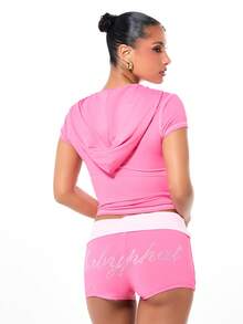 BABYPHAT 女士亮粉色连帽拉链露脐短款上衣，饰有水钻，短袖针织休闲套头衫，春夏款 - 粉色 - 查看 2