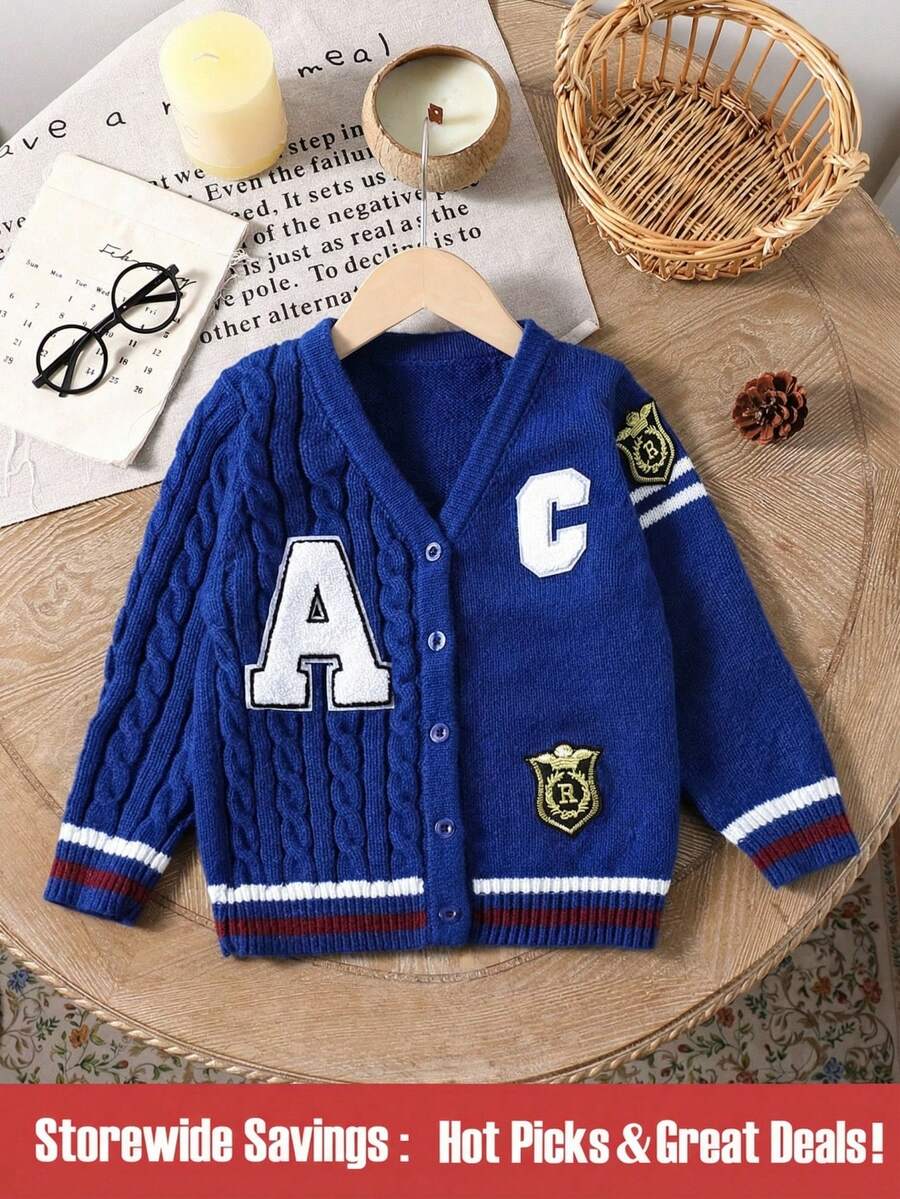 SHEIN Young Boy V-Neck Cable Cable & Letter Applique Button Front Long Sleeve Cardigan - Royal Blue - View 1