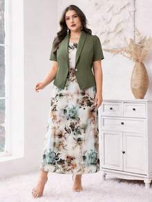 Modelyn 大尺碼優雅通勤純色泡泡袖上衣與滿版印花洋裝兩件套 - 彩色 - 查看 4