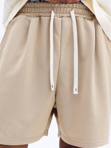 SUMWON 男士米色休闲抽绳短裤，带侧袋，常规版型，夏季日常居家服 - 卡其色 - 查看 1