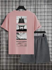 Manfinity Homme 男士加大码标语印花圆领短袖T恤和短裤休闲套装 - 彩色 - 查看 5
