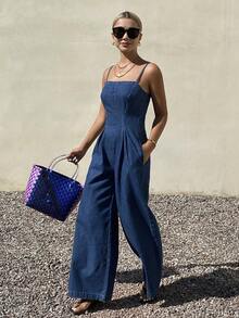 DAZY Women's Casual Striped Spaghetti Strap Wide Leg Denim Jumpsuit, Summer - Medium Wash - View 4