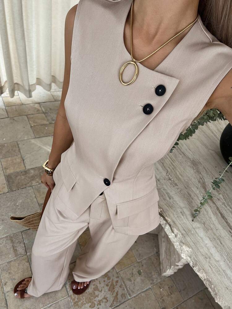 Women's Casual Solid Color Faux Pocket Oblique Lapel Round Neck Vest And Wide Leg Pants Suit, Summer