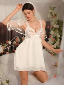 Sexy Lace Chiffon Slip Dress For Women - White - View 4