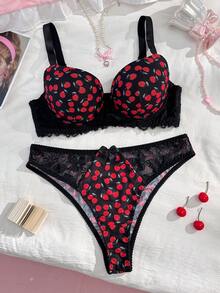 PetitDoll Set de 2 piezas de sujetador con aros y encaje de contraste con estampado de cerezas para tallas grandes - Negro - Ver 6