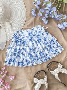 少女复古碎花荷叶边迷你裙，多层裙摆设计，适合休闲、度假、夏季返校等场合 - 藍白色 - 查看 2