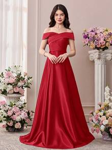 Pitira Burgunderrotes Satin elegantes langes Kleid, Off-Shoulder, rückenfreiem Bindebanddetail, geeignet für Hochzeit, Geburtstagsfest, Abschlussball, Brautjungfer, formelle Abendrobe, Abschlussfeier, Frühlingsfest - Bordeaux - Übersicht 3